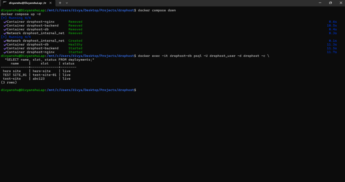 Volume persistence test — compose down and SELECT after restart