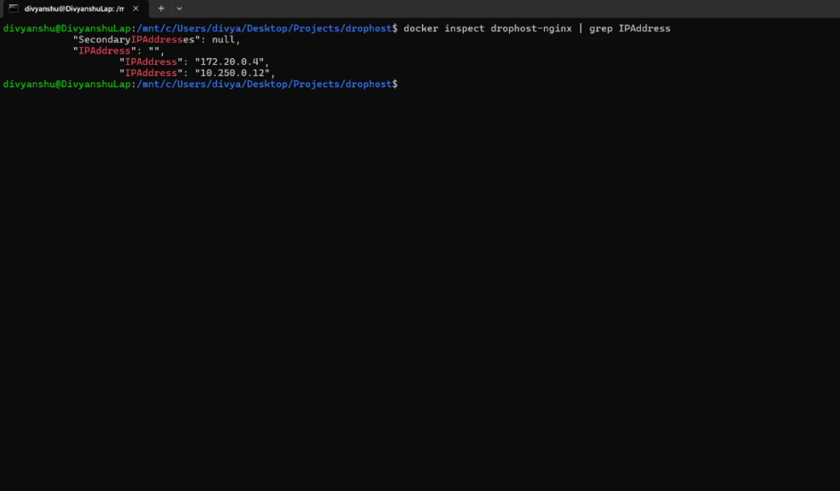 docker inspect drophost-nginx — IP addresses
