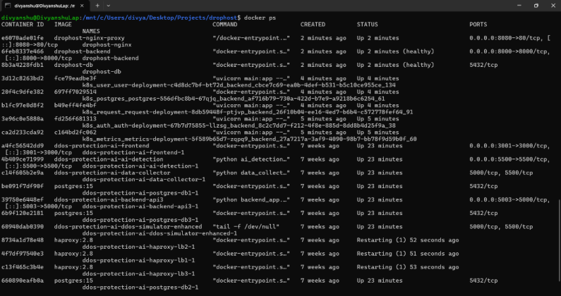 docker ps — all containers running