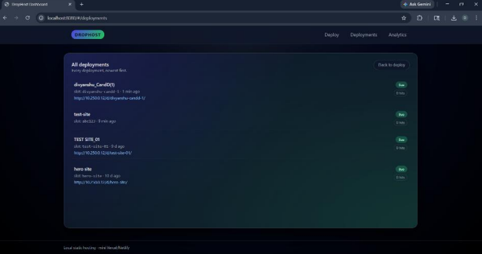 DropHost dashboard — Deployments list