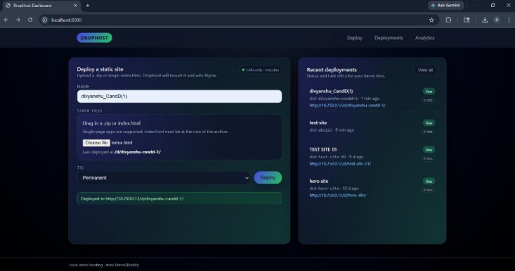 DropHost dashboard — Deploy tab with live deployment